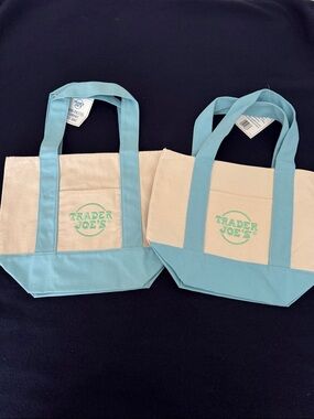 Trader Joe's Canvas Tote in Light Blue and Cream. Set of 2  NEW